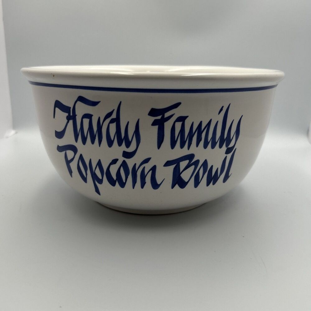 Vintage USA Pottery Family Popcorn Bowl Blue White Ceramic Large 10" Movie Night